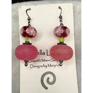 Glass Beaded Earrings Pink Yellow Sterling Hook Pink Lampwork